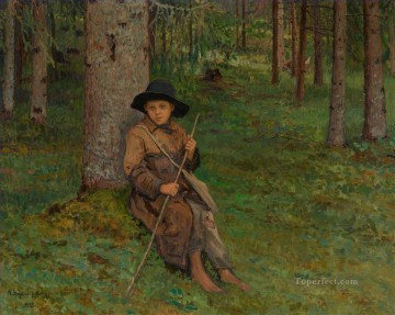 Nikolay Petrovich Bogdanov Belsky Painting - BOY IN A FOREST Nikolay Bogdanov Belsky
